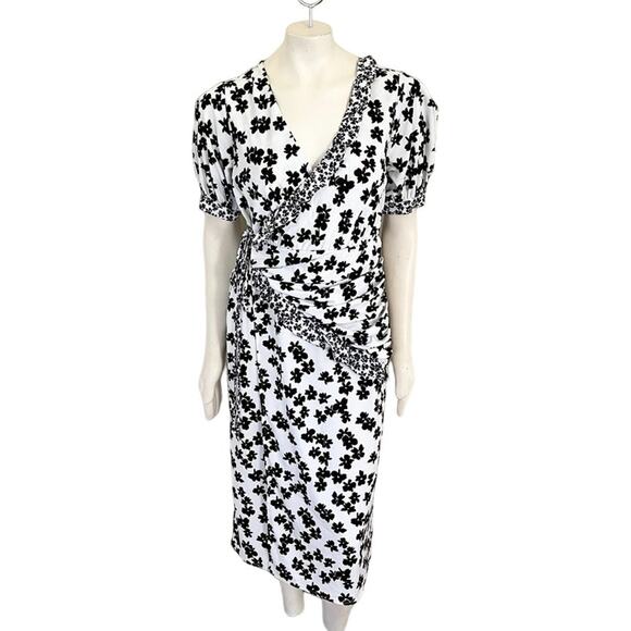 LOVE WHIT Floral Puff Sleeve Wrap Dress in Black & White SZ L - Picture 3 of 13